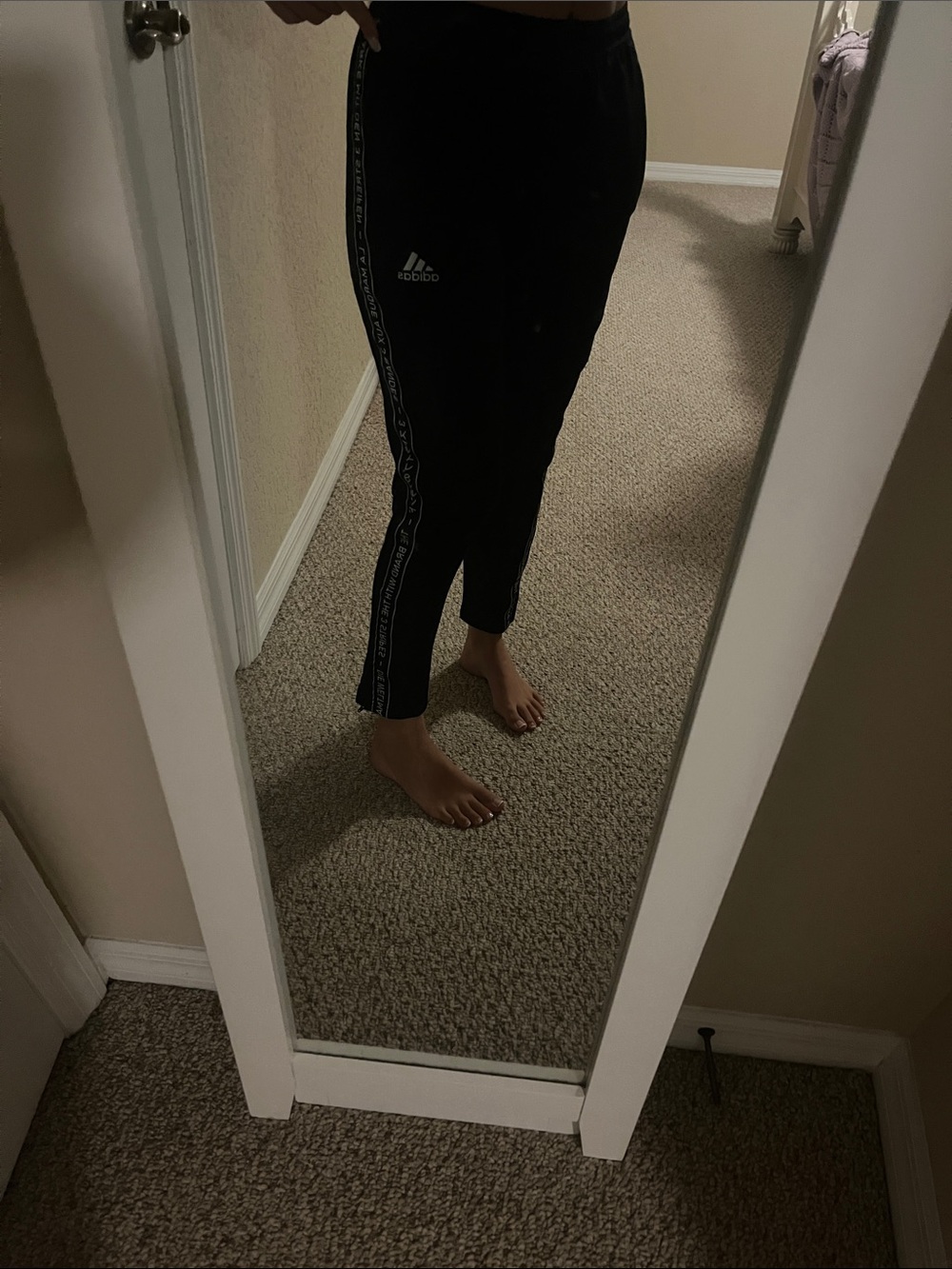 cool multi language adidas Black Jogger Pants with White Logo and Side Tape